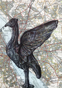 Liver Bird Art Print. Pen drawing on vintage map of Liverpool. A4 Unframed.