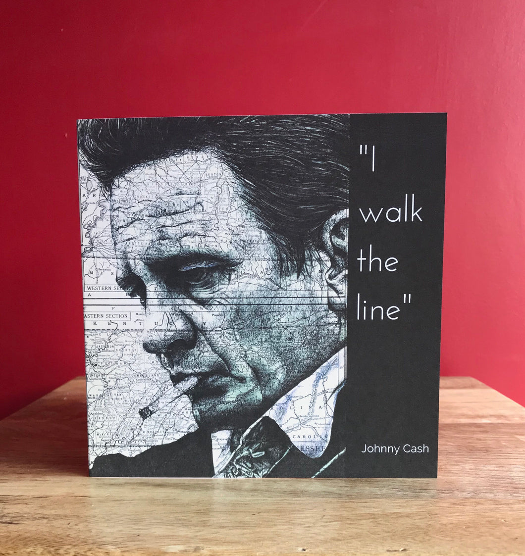 Johnny Cash Greeting Card. Printed drawing over map of Tennessee .Blank inside