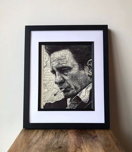 Johnny Cash Art Print. Pen drawing over map of Tennessee. A4 Unframed