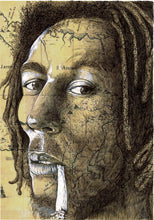 Load image into Gallery viewer, Bob Marley Art Print.Pen drawing over map of Jamaica. A4 Unframed.
