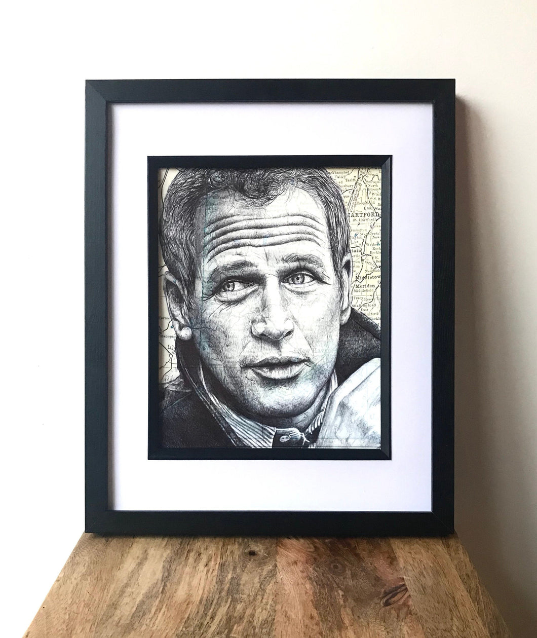 Paul Newman Portrait .Original signed pen drawing over map of Connecticut. Not a print. Unframed