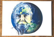 Load image into Gallery viewer, David Attenborough Art Print. Portrait in pen over image of Earth. Unframed.
