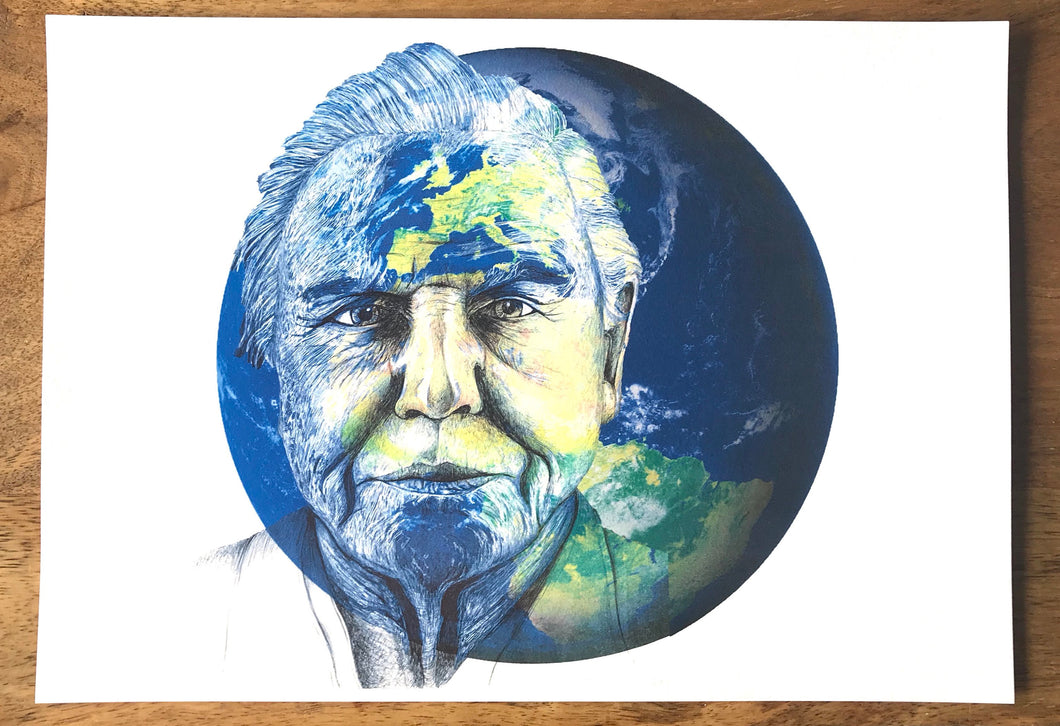 David Attenborough Art Print. Portrait in pen over image of Earth. Unframed.