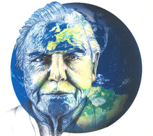 Load image into Gallery viewer, David Attenborough Art Print. Portrait in pen over image of Earth. Unframed.
