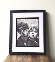 Load image into Gallery viewer, Oasis: Liam and Noel Gallagher Art Print. Pen drawing over Map Manchester .A4 Unframed
