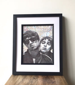 Oasis: Liam and Noel Gallagher Art Print. Pen drawing over Map Manchester .A4 Unframed