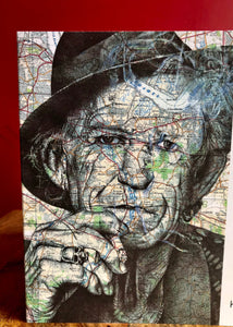 Keith Richards Greeting Card. Printed drawing over map of London.Blank inside