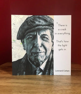 Leonard Cohen Greeting/ Birthday card. Printed drawing over map of Montreal. Blank inside.