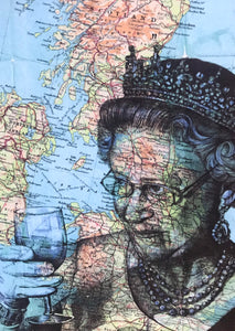 Queen Elizabeth II Inspired Greeting Card. Printed drawing on map of the UK.  Blank inside.