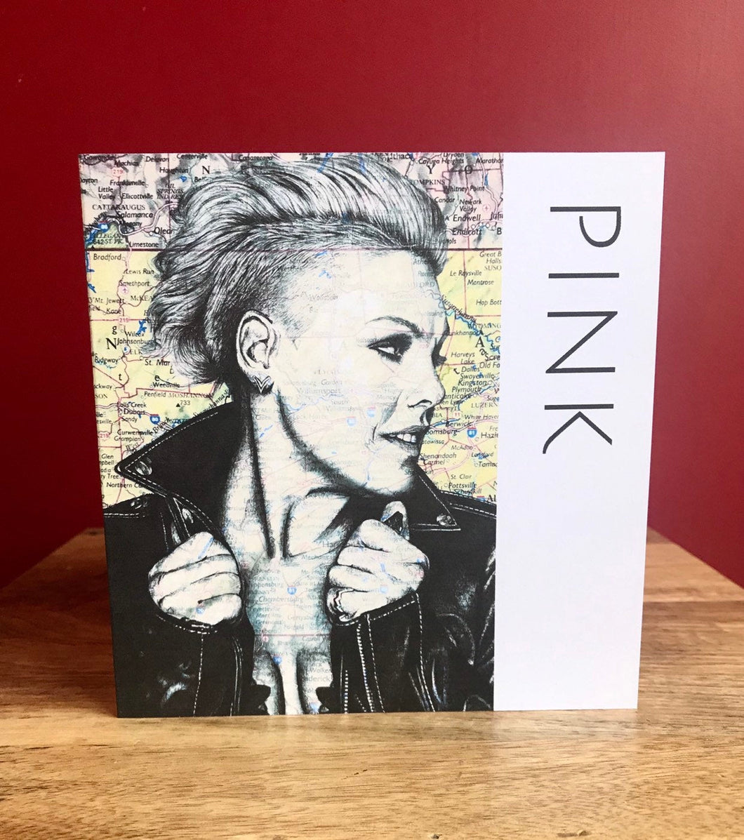 Pink Singer Greeting Card.Printed drawing map. Blank inside