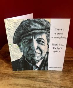 Leonard Cohen Greeting/ Birthday card. Printed drawing over map of Montreal. Blank inside.