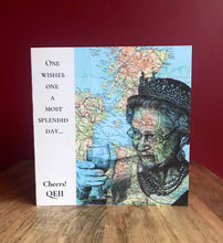 Load image into Gallery viewer, Queen Elizabeth II Inspired Greeting Card. Printed drawing on map of the UK.  Blank inside.
