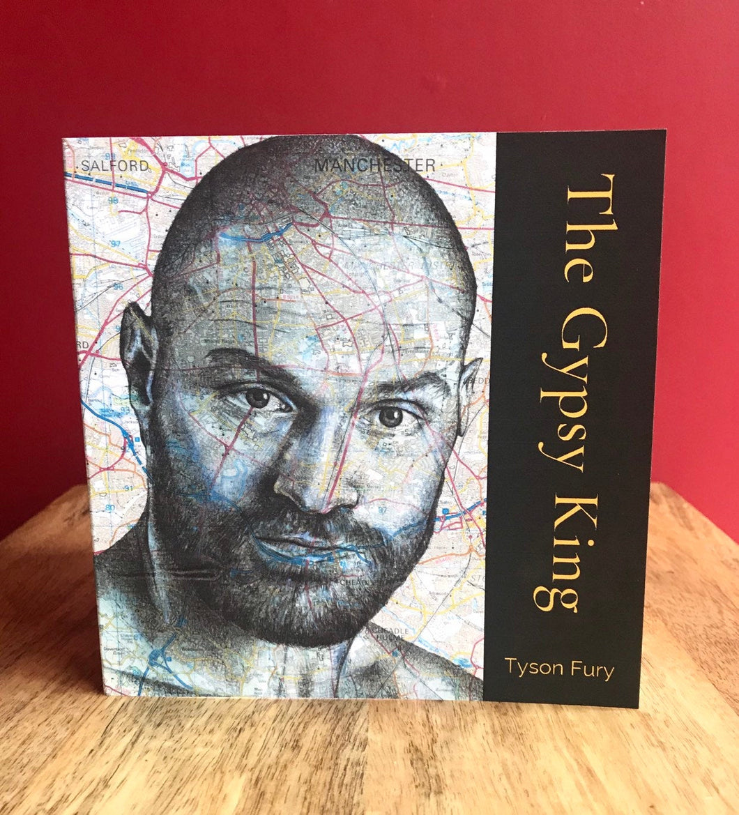 Tyson Fury Greeting Card 'The Gypsy King'. Printed drawing over map of Manchester. Blank inside