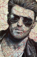 Load image into Gallery viewer, George Michael Greeting Card. Printed Drawing Over Map of London.Blank inside
