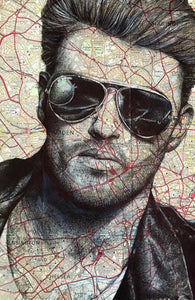 George Michael Greeting Card. Printed Drawing Over Map of London.Blank inside