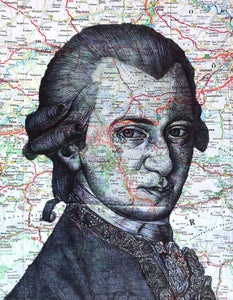Mozart Greeting Card. Printed drawing over map of Salzburg , Austria