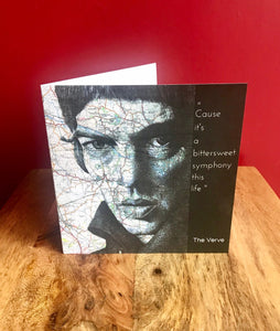 The Verve: Richard Ashcroft Greeting Card. Printed drawing over map. Blank inside .