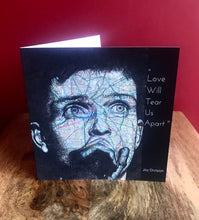 Load image into Gallery viewer, Joy Division: Ian Curtis Greeting Card. Printed drawing over map of Manchester. Blank inside
