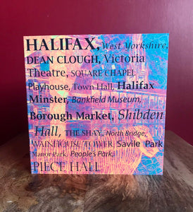 Halifax, West Yorkshire Greeting Card. Printed drawing over map of the town. Blank inside