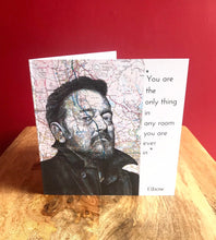 Load image into Gallery viewer, Elbow/ Guy Garvey Greeting Card. Printed Drawing Over Map of Bury. Blank inside.
