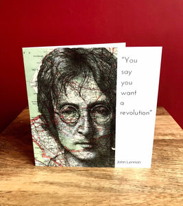 John Lennon Greeting Card. Printed drawing over map of Liverpool. Blank inside.