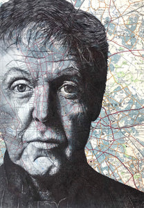 Paul McCartney Greeting Card. Printed drawing over map of Liverpool .Blank inside.