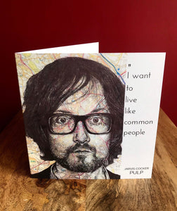 PULP:Jarvis Cocker Birthday /Greeting card. Printed drawing over of Sheffield . Blank inside.