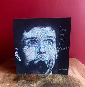 Joy Division: Ian Curtis Greeting Card. Printed drawing over map of Manchester. Blank inside