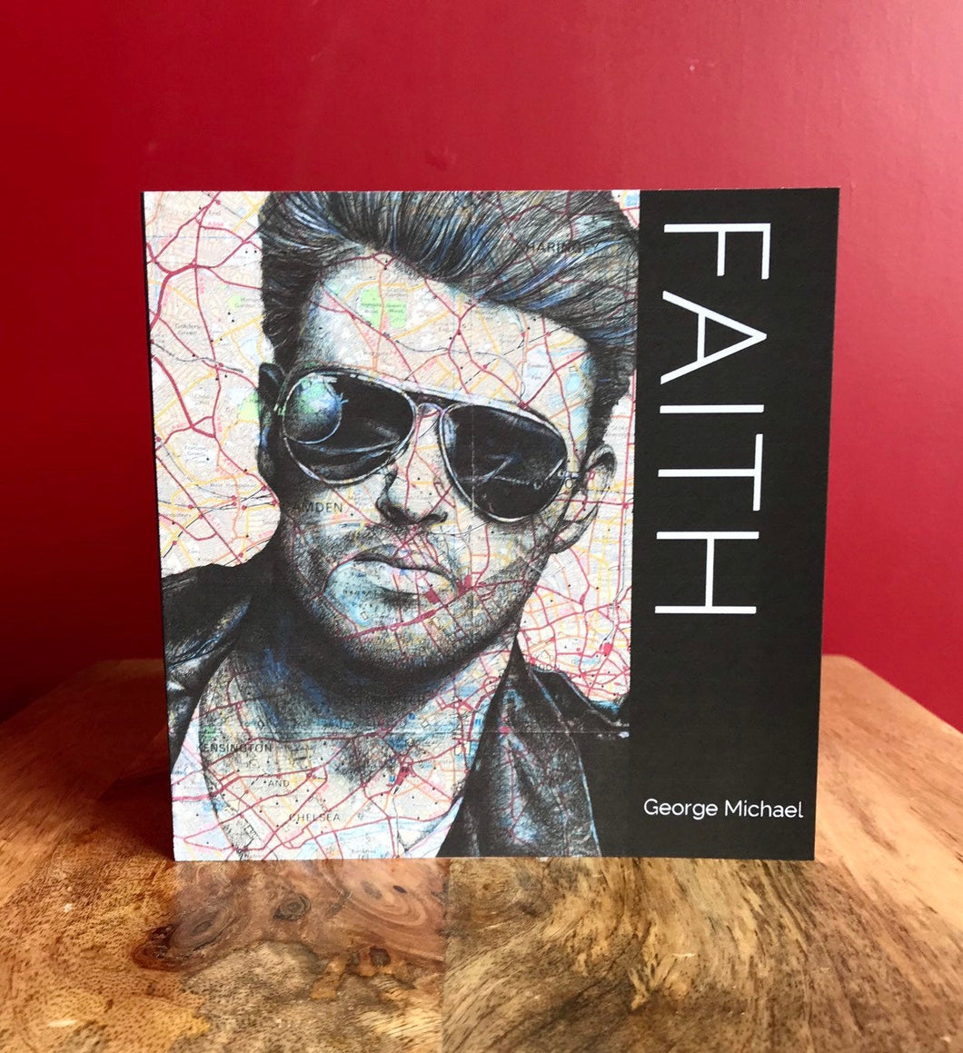 George Michael Greeting Card. Printed Drawing Over Map of London.Blank inside