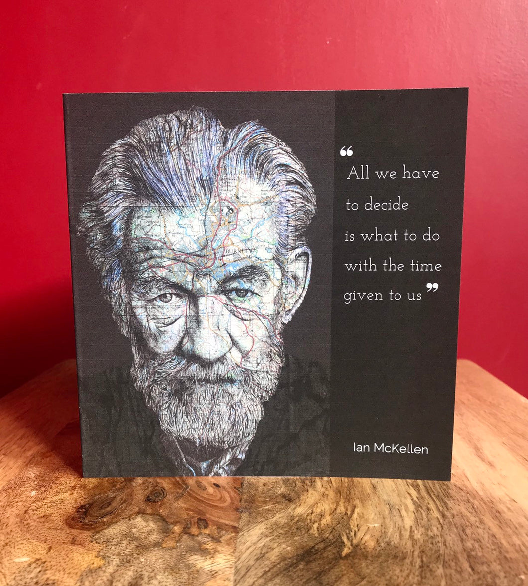 Ian McKellen Actor Greeting Card. Printed drawing over map of Burnley. Blank inside