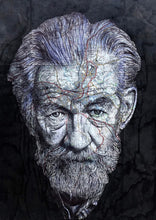 Load image into Gallery viewer, Ian McKellen Actor Greeting Card. Printed drawing over map of Burnley. Blank inside
