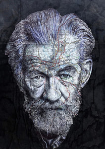 Ian McKellen Actor Greeting Card. Printed drawing over map of Burnley. Blank inside