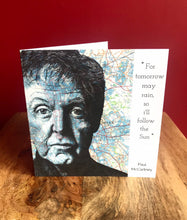 Load image into Gallery viewer, Paul McCartney Greeting Card. Printed drawing over map of Liverpool .Blank inside.
