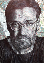 Load image into Gallery viewer, Jürgen Klopp, Liverpool FC greeting card. Pen drawing over map of Liverpool. Blank inside
