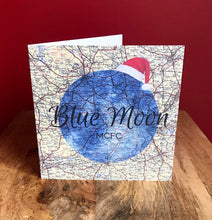 Load image into Gallery viewer, MCFC inspired Christmas card. Manchester City Blue Moon over map. Blank inside
