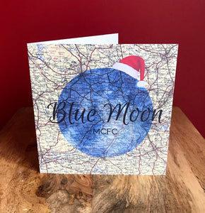 MCFC inspired Christmas card. Manchester City Blue Moon over map. Blank inside
