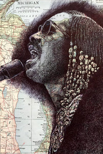 Stevie Wonder Art Print. Pen drawing over a map of Michigan. A4 Unframed.