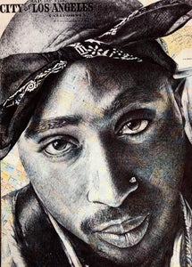 Tupac 2pac Art Print. Pen drawing over map of Los Angeles. Unframed