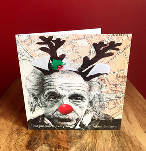 Albert Einstein funny Christmas Card with quote. Original pen drawing over map. Blank inside .