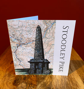 Stoodley Pike Monument Greeting Card. Printed drawing over map of Pennines/West Yorkshire.Blank inside.