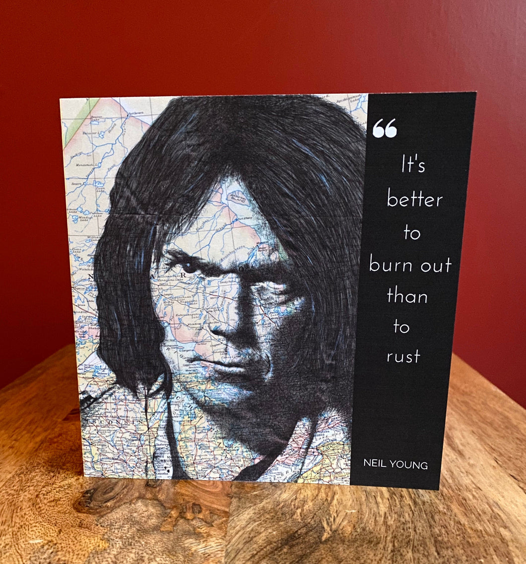 Neil Young Greeting Card. Printed drawing over map. Blank inside