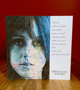 Grace Slick, White Rabbit Greeting Card.Printed drawing over map Illinois. Blank inside.