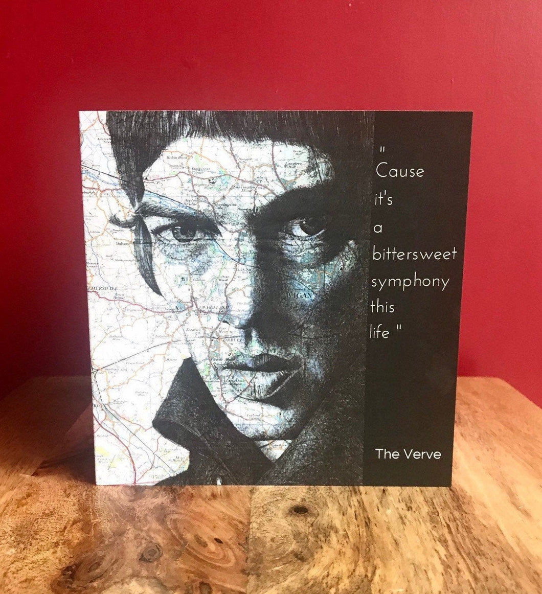 The Verve: Richard Ashcroft Greeting Card. Printed drawing over map. Blank inside .