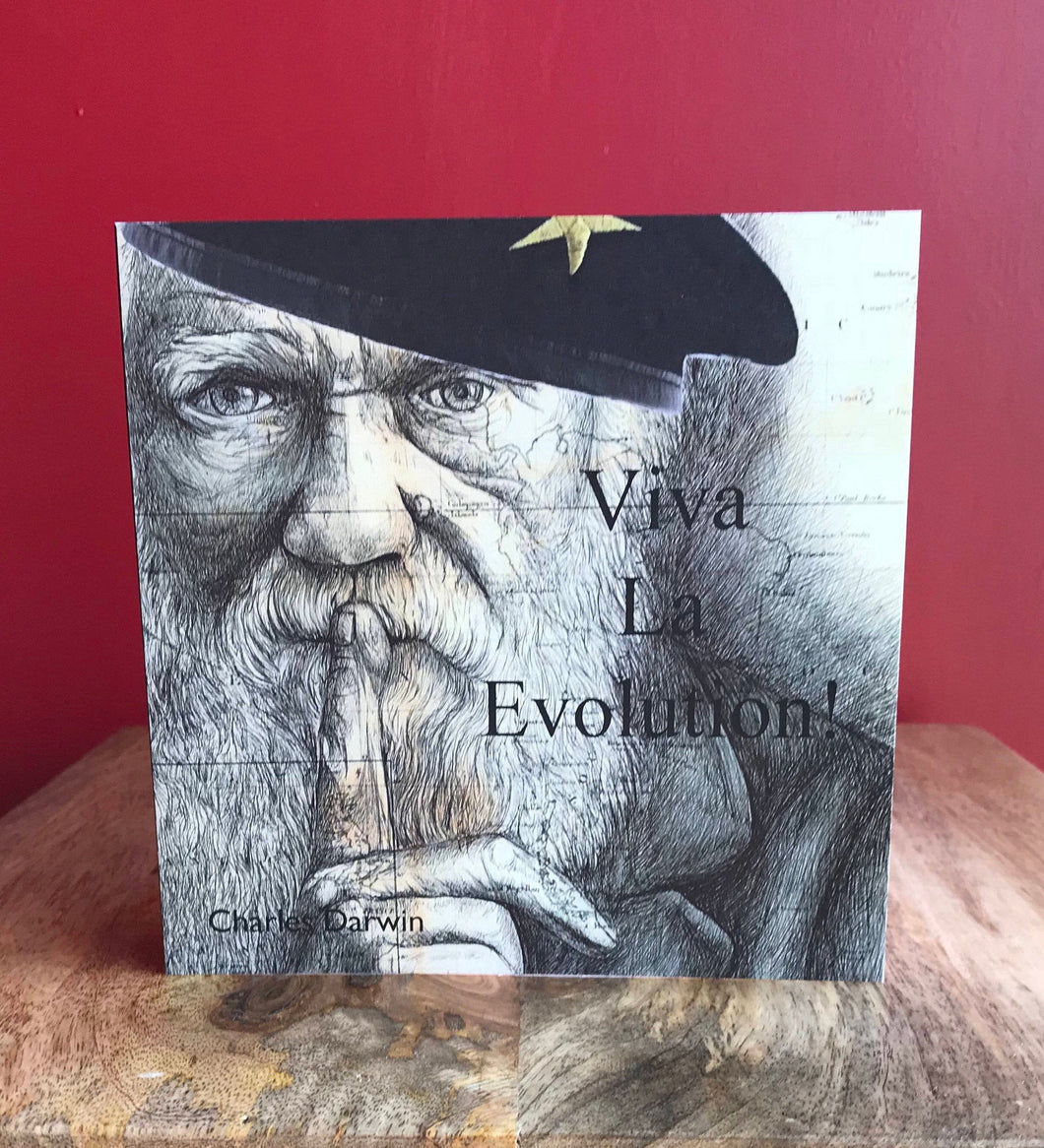 Charles Darwin Greeting Card: Printed drawing over map ,Viva La Evolution.Blank inside