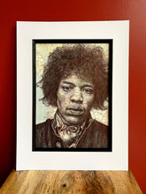 Load image into Gallery viewer, Jimi Hendrix Art Print.Pen drawing over map of Seattle. A4 Unframed
