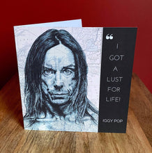 Load image into Gallery viewer, Iggy Pop Greeting Card. Printed drawing over map of Michigan. Blank inside.

