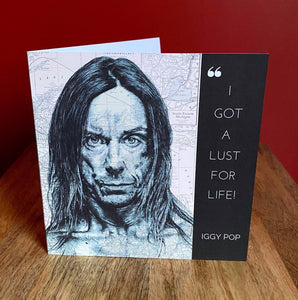 Iggy Pop Greeting Card. Printed drawing over map of Michigan. Blank inside.