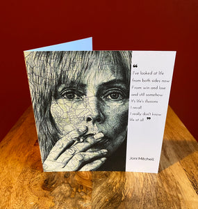Joni Mitchell Greeting Card. Pen drawing over map. Blank inside