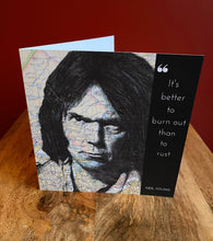 Load image into Gallery viewer, Neil Young Greeting Card. Printed drawing over map. Blank inside

