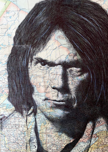 Neil Young Art Print. Pen drawing over map of Canada. A4 Unframed